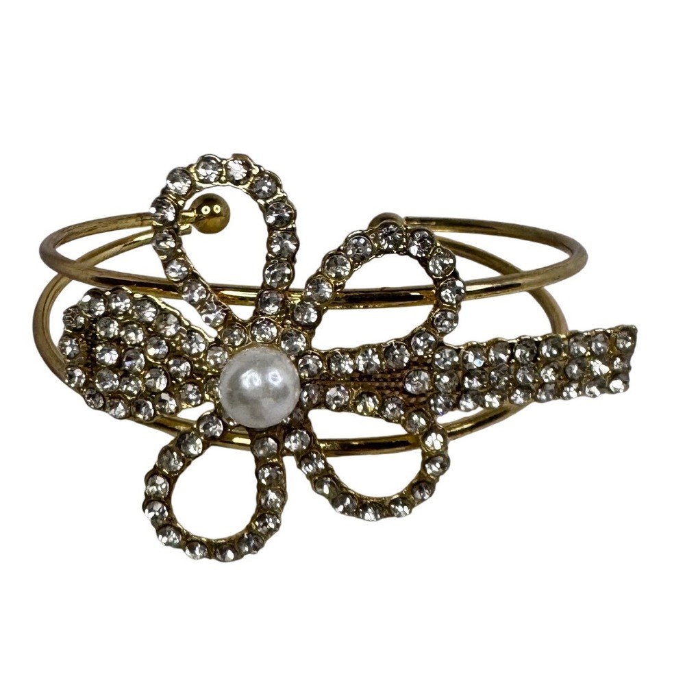 Gold Tone Rhinestone Floral Cuff Bracelet Faux Pearl Double Band Statement Y2K